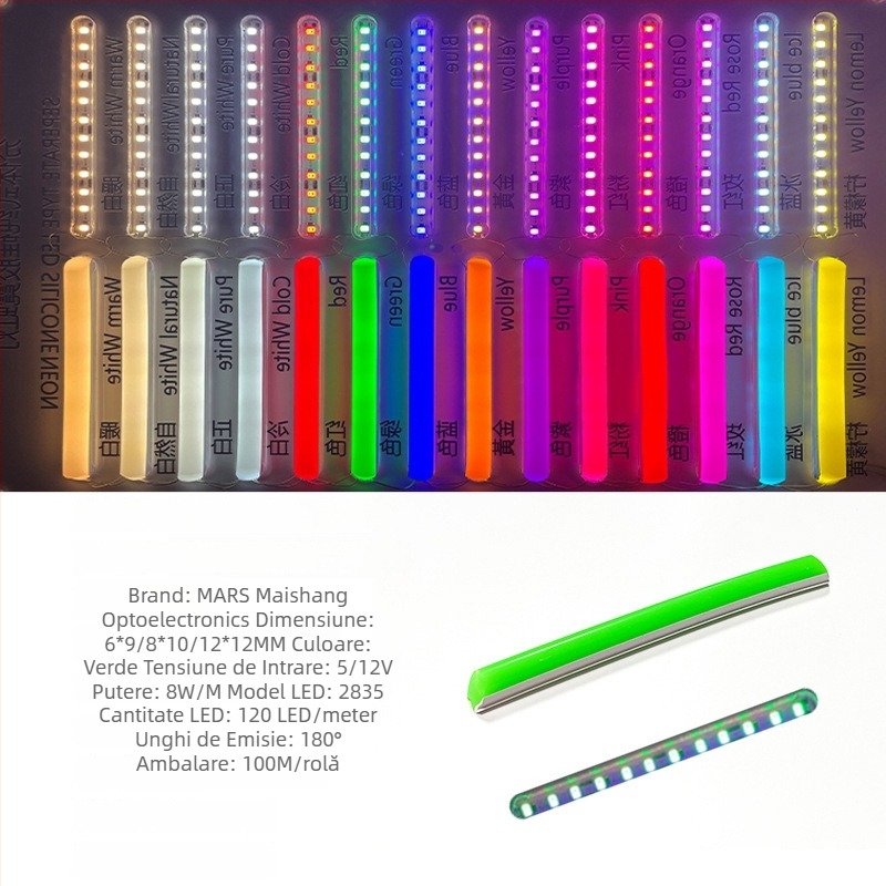 Bandă LED Neon Despărțită — flexibilă din silicon, impermeabilă pentru publicitate în exterior; 8W/m, 5/12V, 110/120 LED (2835), fascicul de 120°, viață 50.000 h