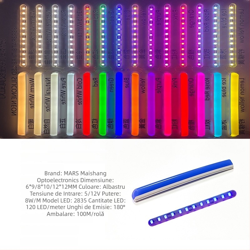 Bandă LED Neon Despărțită — flexibilă din silicon, impermeabilă pentru publicitate în exterior; 8W/m, 5/12V, 110/120 LED (2835), fascicul de 120°, viață 50.000 h