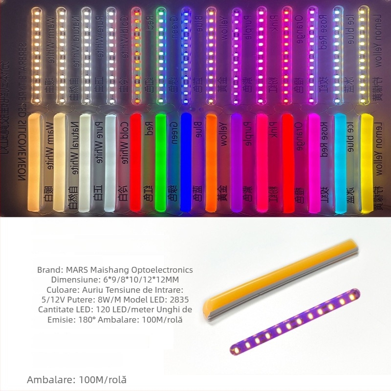 Bandă LED Neon Despărțită — flexibilă din silicon, impermeabilă pentru publicitate în exterior; 8W/m, 5/12V, 110/120 LED (2835), fascicul de 120°, viață 50.000 h