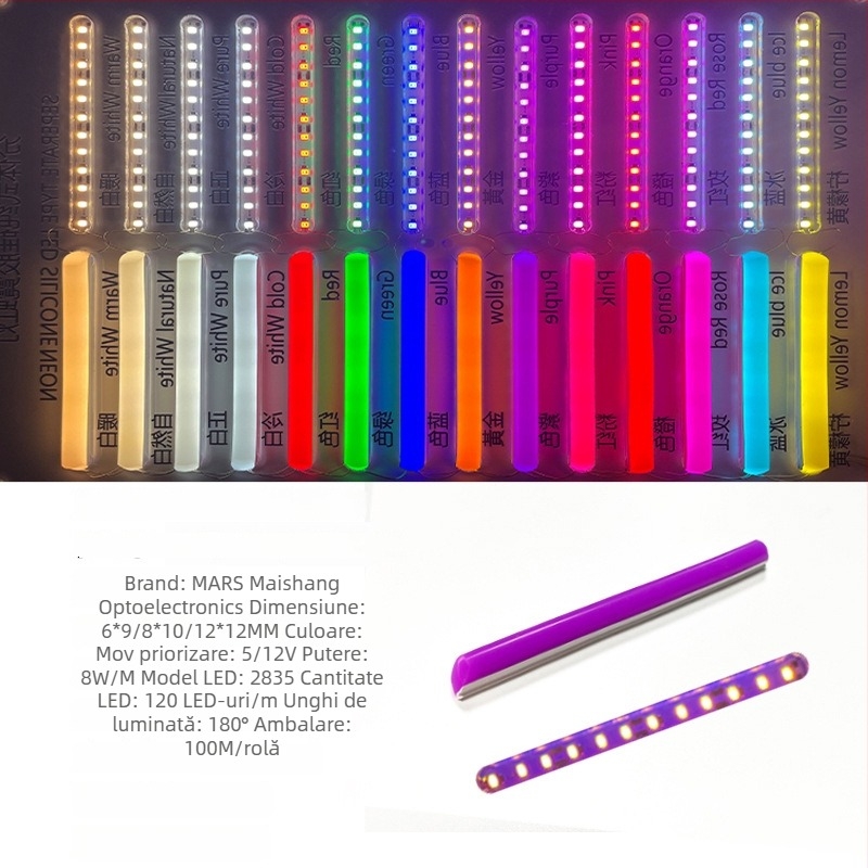 Bandă LED Neon Despărțită — flexibilă din silicon, impermeabilă pentru publicitate în exterior; 8W/m, 5/12V, 110/120 LED (2835), fascicul de 120°, viață 50.000 h