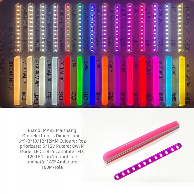 Bandă LED Neon Despărțită — flexibilă din silicon, impermeabilă pentru publicitate în exterior; 8W/m, 5/12V, 110/120 LED (2835), fascicul de 120°, viață 50.000 h