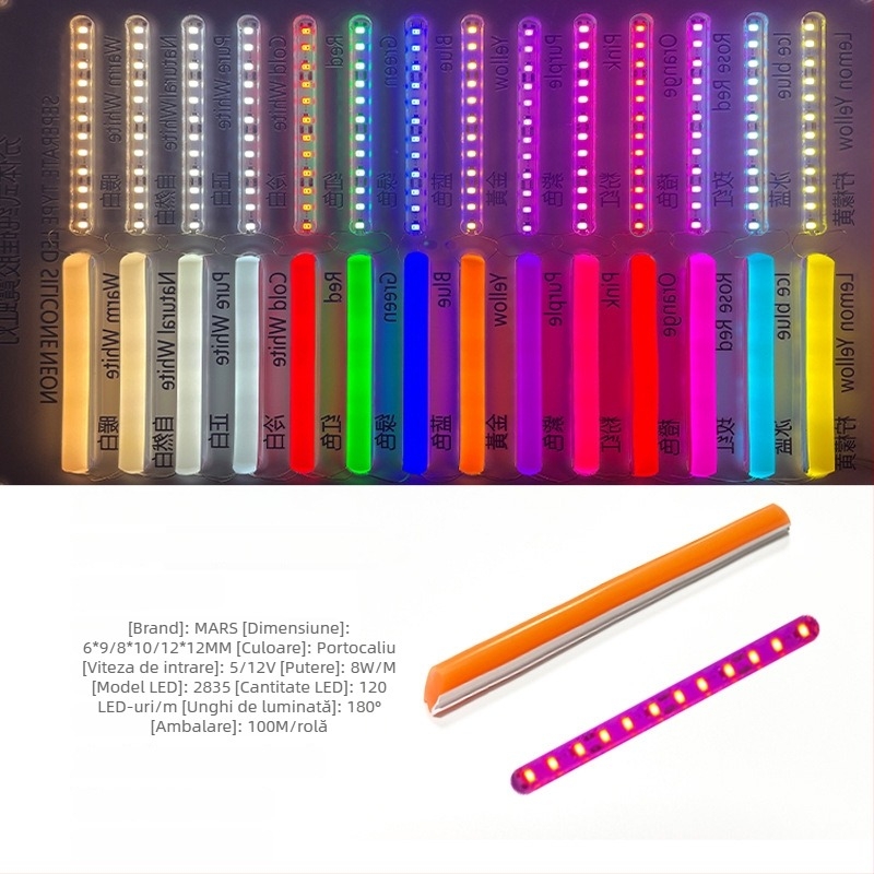 Bandă LED Neon Despărțită — flexibilă din silicon, impermeabilă pentru publicitate în exterior; 8W/m, 5/12V, 110/120 LED (2835), fascicul de 120°, viață 50.000 h