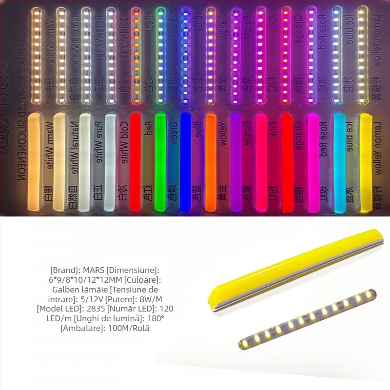 Bandă LED Neon Despărțită — flexibilă din silicon, impermeabilă pentru publicitate în exterior; 8W/m, 5/12V, 110/120 LED (2835), fascicul de 120°, viață 50.000 h