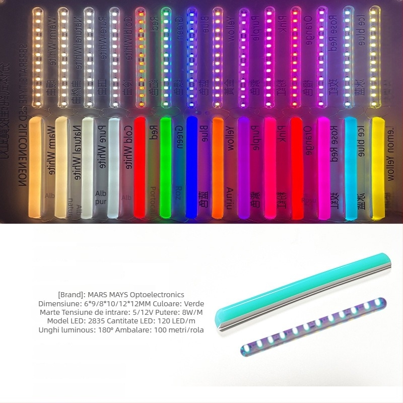 Bandă LED Neon Despărțită — flexibilă din silicon, impermeabilă pentru publicitate în exterior; 8W/m, 5/12V, 110/120 LED (2835), fascicul de 120°, viață 50.000 h