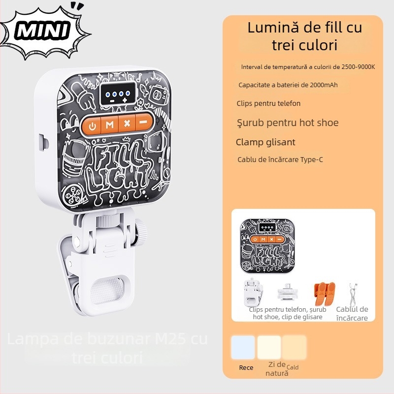 Lumină portabilă pentru fotografiat M25, telefoane mobile și camere — 3,7V, baterie 18650, reglabilă, intensitate reglabilă.