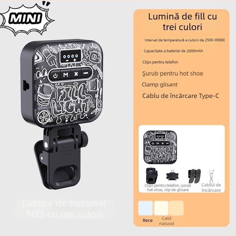 Lumină portabilă pentru fotografiat M25, telefoane mobile și camere — 3,7V, baterie 18650, reglabilă, intensitate reglabilă.