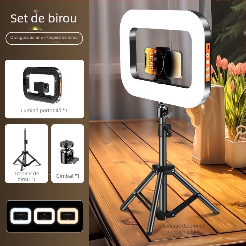 Lumină circulară LED portabilă cu suport pentru telefon, YM-200, temperatură de culoare reglabilă 2500K-9900K, putere 10-50W, tensiune 5V