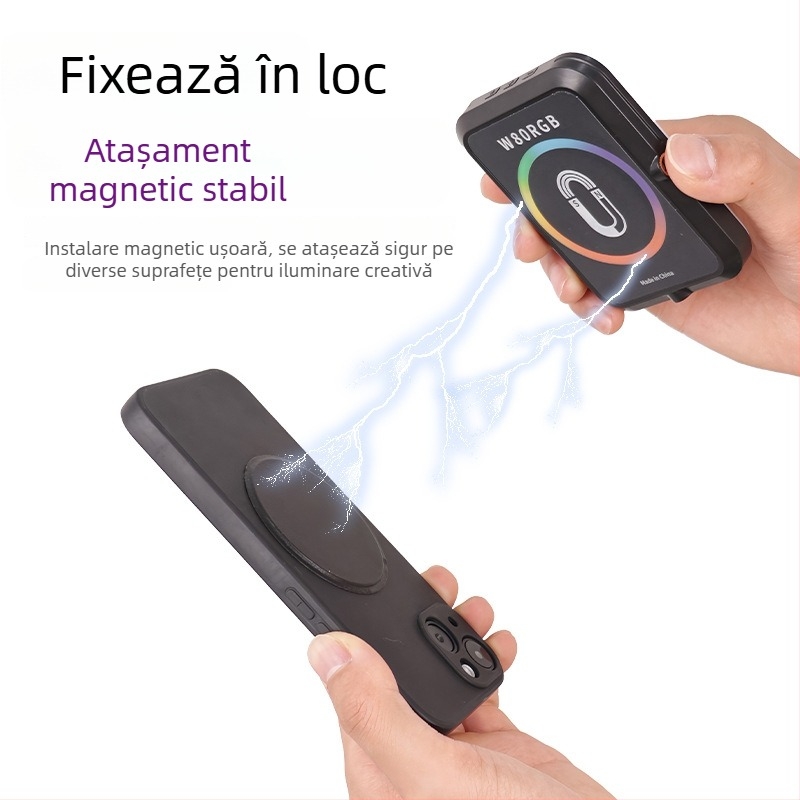 Lumină LED magnetică pentru telefoane mobile, iluminator portabil pentru live și selfie, 5W, baterie încorporată, model W80RGB