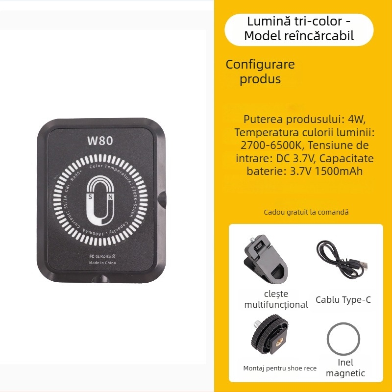 Lumină LED magnetică pentru telefoane mobile, iluminator portabil pentru live și selfie, 5W, baterie încorporată, model W80RGB