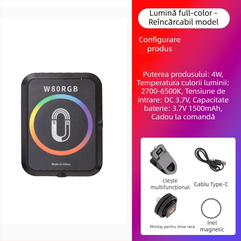 Lumină LED magnetică pentru telefoane mobile, iluminator portabil pentru live și selfie, 5W, baterie încorporată, model W80RGB