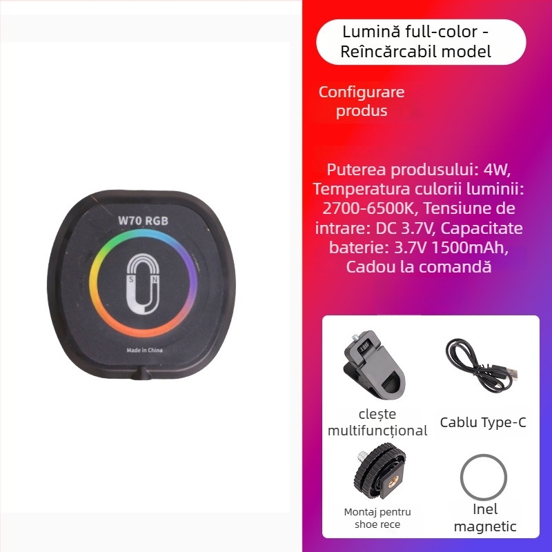 Lumină LED magnetică pentru telefoane mobile, iluminator portabil pentru live și selfie, 5W, baterie încorporată, model W80RGB