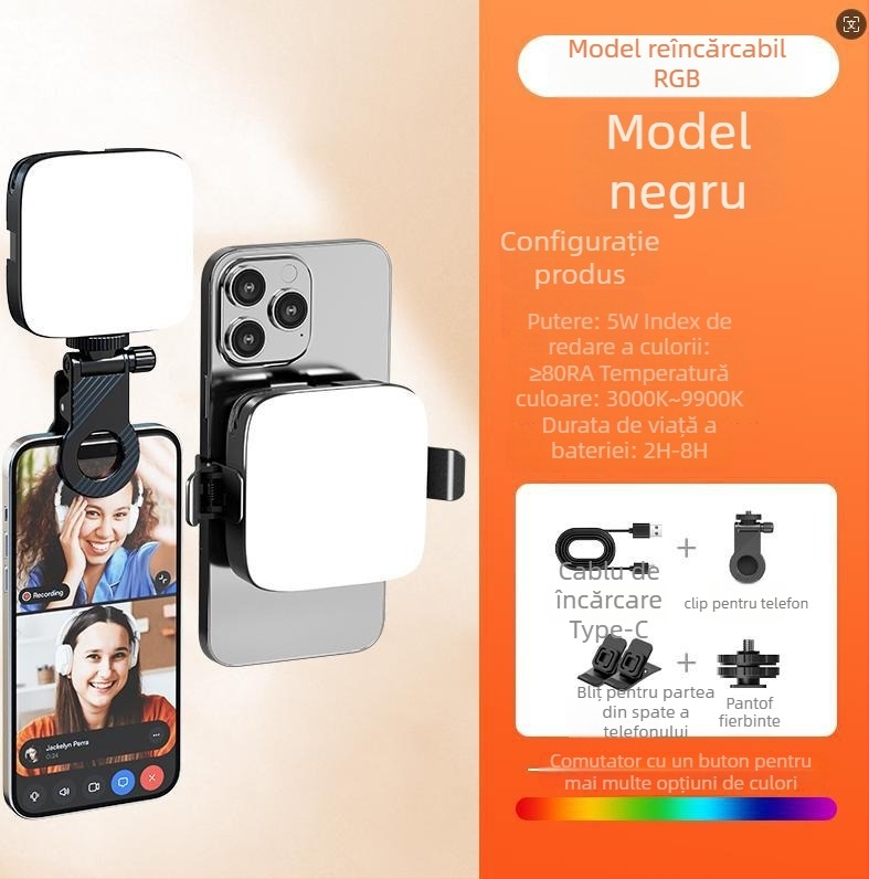 Lumină LED pentru telefon cu atașare magnetică, lampă de buzunar cu oglindă, pentru streaming live, fotografie și video