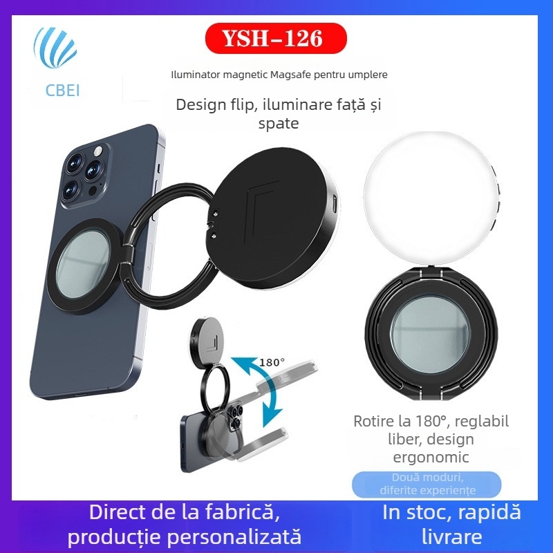 Lumină LED pentru telefon cu atașare magnetică, lampă de buzunar cu oglindă, pentru streaming live, fotografie și video