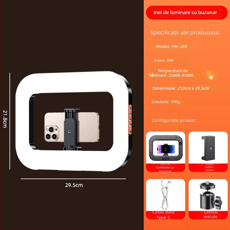 Lampa LED inelar portabilă pentru selfie și live pe telefon, cu baterie încorporată, alimentare 5V, putere 10–50W