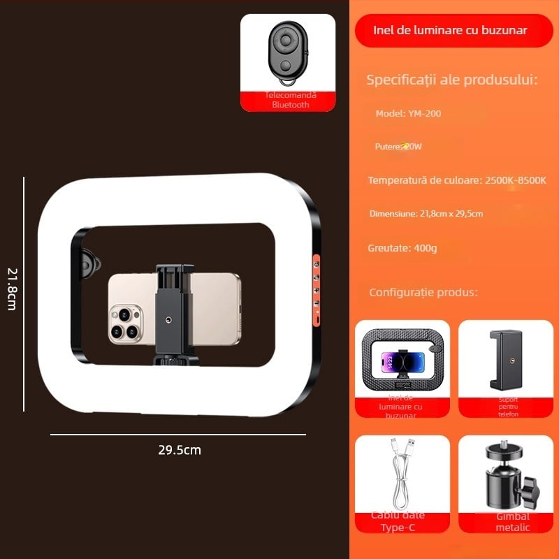 Lampa LED inelar portabilă pentru selfie și live pe telefon, cu baterie încorporată, alimentare 5V, putere 10–50W