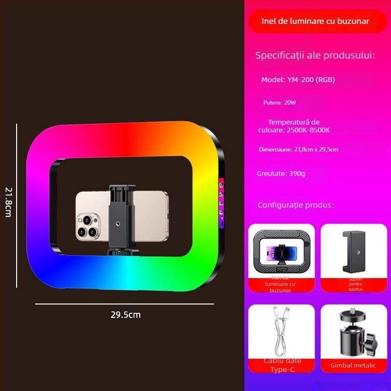 Lampa LED inelar portabilă pentru selfie și live pe telefon, cu baterie încorporată, alimentare 5V, putere 10–50W