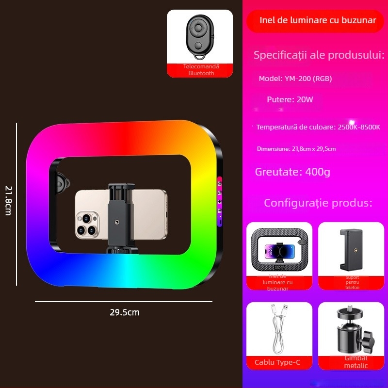 Lampa LED inelar portabilă pentru selfie și live pe telefon, cu baterie încorporată, alimentare 5V, putere 10–50W