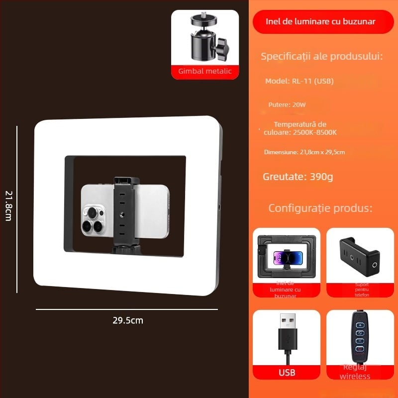 Lampa LED inelar portabilă pentru selfie și live pe telefon, cu baterie încorporată, alimentare 5V, putere 10–50W