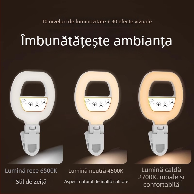 Lumină portabilă pentru fotografie – lampă compactă pentru selfie, streaming live și fotografiere (5V, <10W, 2700–7500K, reglabilă intensitatea luminii, reglabilă temperatura culorii)