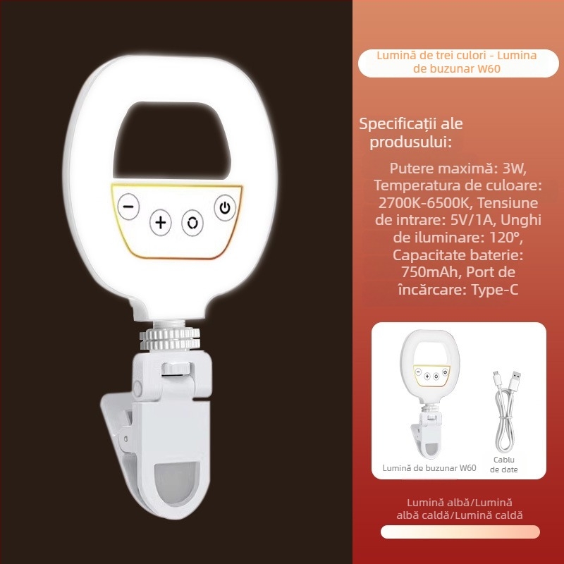 Lumină portabilă pentru fotografie – lampă compactă pentru selfie, streaming live și fotografiere (5V, <10W, 2700–7500K, reglabilă intensitatea luminii, reglabilă temperatura culorii)