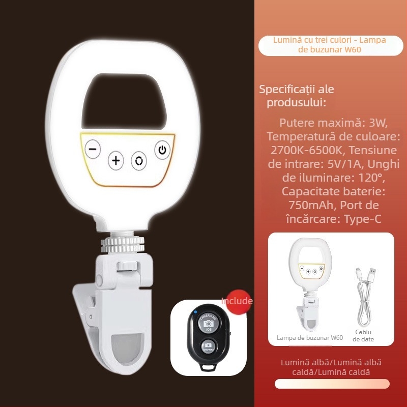 Lumină portabilă pentru fotografie – lampă compactă pentru selfie, streaming live și fotografiere (5V, <10W, 2700–7500K, reglabilă intensitatea luminii, reglabilă temperatura culorii)