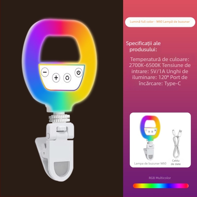 Lumină portabilă pentru fotografie – lampă compactă pentru selfie, streaming live și fotografiere (5V, <10W, 2700–7500K, reglabilă intensitatea luminii, reglabilă temperatura culorii)