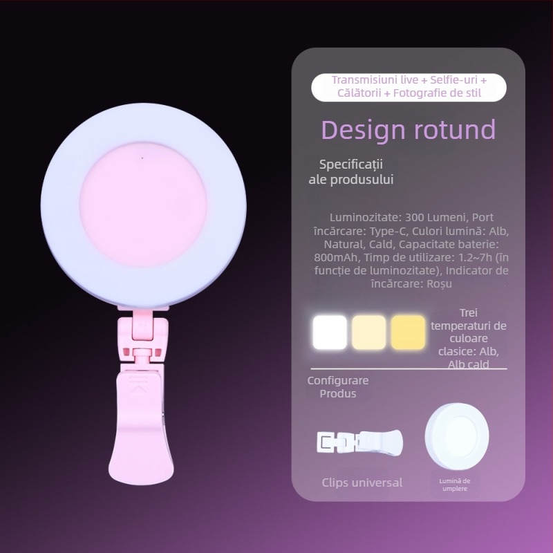 Lumină LED de umplere compactă, reîncărcabilă, manuală, reglabilă în intensitate cu trei temperaturi de culoare pentru streaming live și fotografie