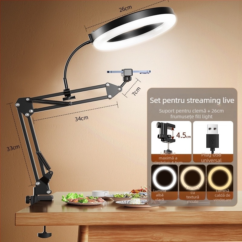 Suport pentru telefon destinat fotografiei verticale cu iluminare de umplere — montaj pe birou, 10–50W, 110V, model F10, reglaj în mai multe trepte