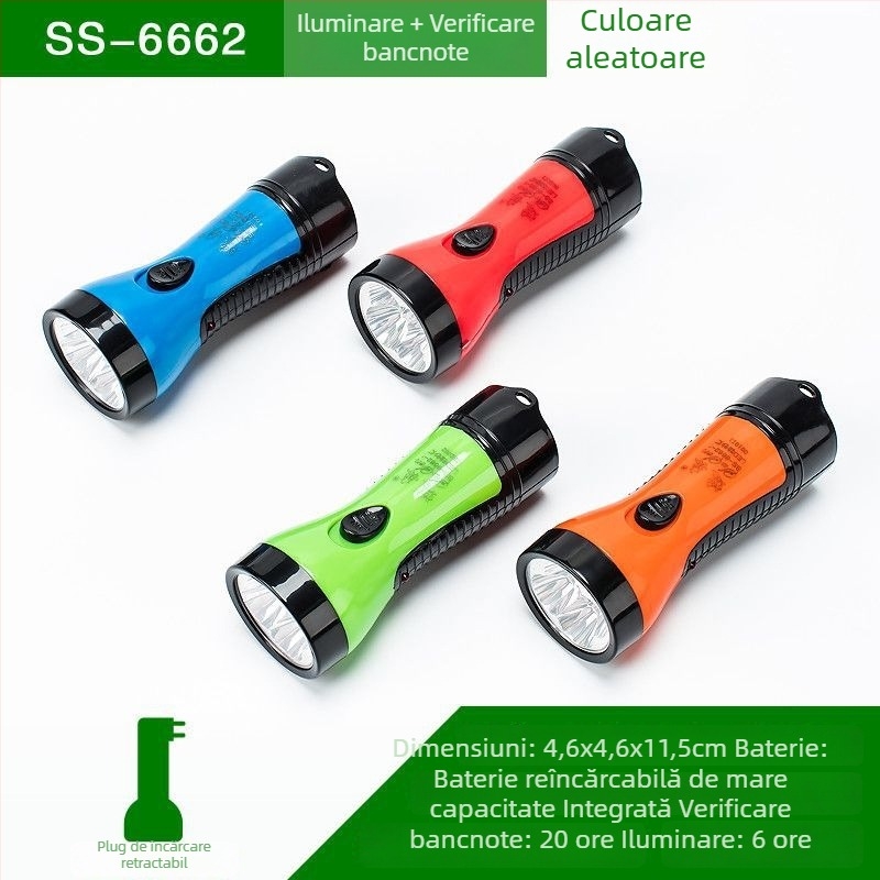 Fener LED de urgență portabil – Susen, LED 3W, alimentare manuală prin manivelă, baterie 500 mAh, reîncărcabil cu încărcător, rază fascicul 100–200 m