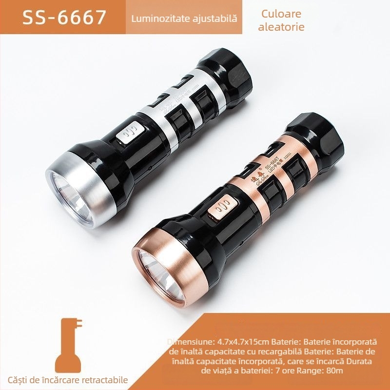 Fener LED de urgență portabil – Susen, LED 3W, alimentare manuală prin manivelă, baterie 500 mAh, reîncărcabil cu încărcător, rază fascicul 100–200 m