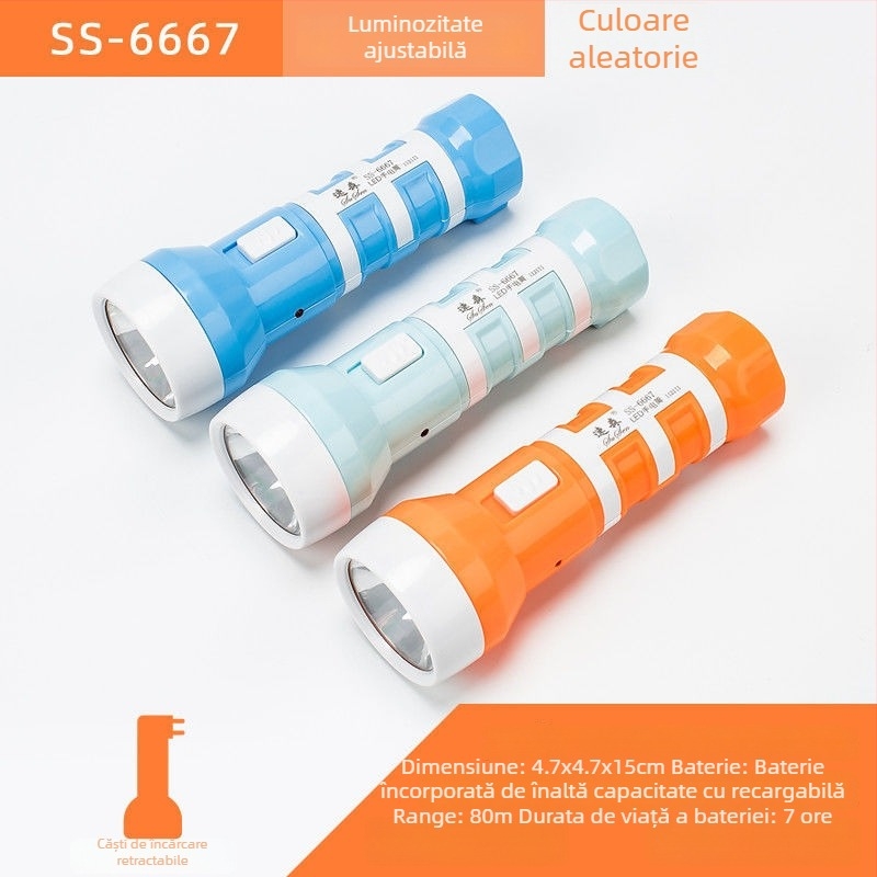 Fener LED de urgență portabil – Susen, LED 3W, alimentare manuală prin manivelă, baterie 500 mAh, reîncărcabil cu încărcător, rază fascicul 100–200 m