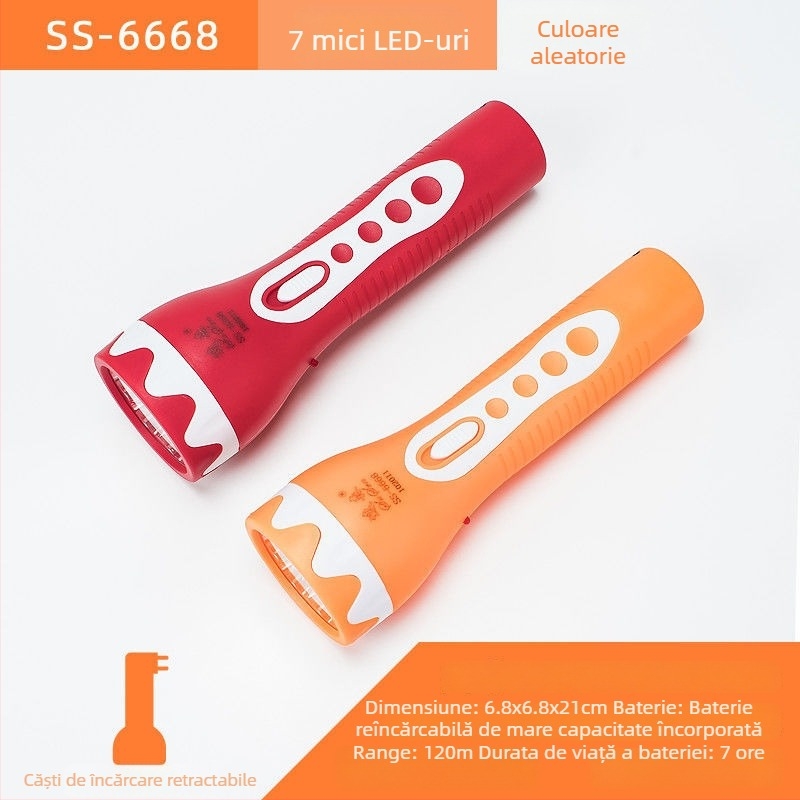 Fener LED de urgență portabil – Susen, LED 3W, alimentare manuală prin manivelă, baterie 500 mAh, reîncărcabil cu încărcător, rază fascicul 100–200 m