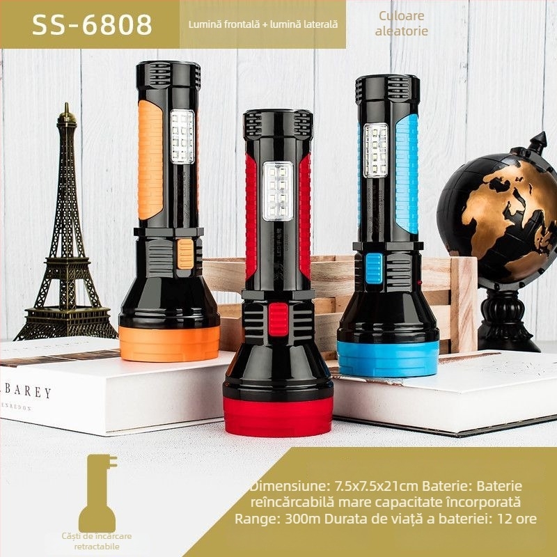 Fener LED de urgență portabil – Susen, LED 3W, alimentare manuală prin manivelă, baterie 500 mAh, reîncărcabil cu încărcător, rază fascicul 100–200 m
