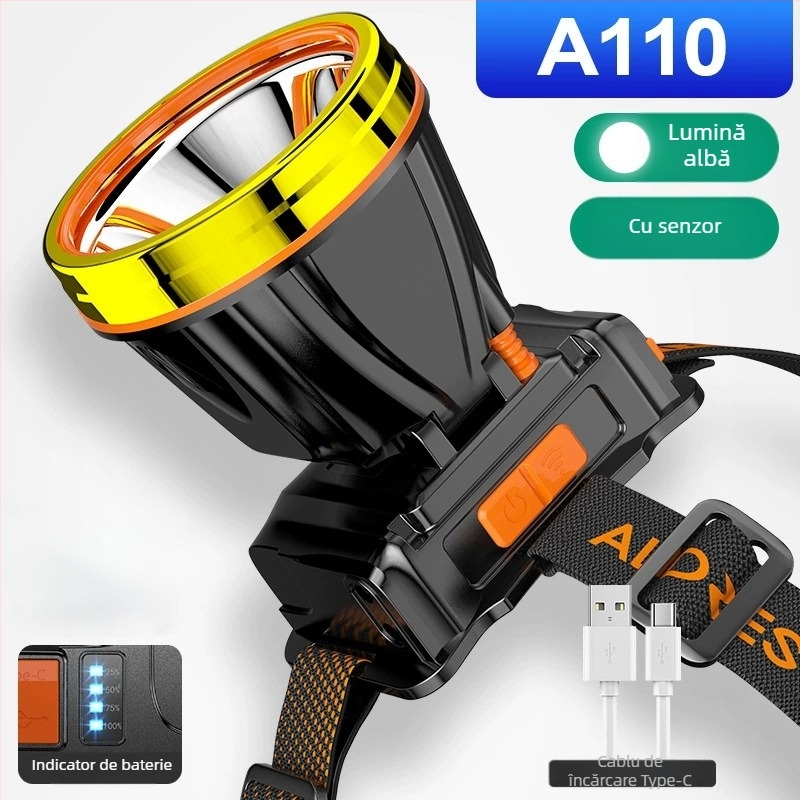 Lampa frontală LED pentru exterior – 10W, 2200mAh, alimentare manuală prin manivelă, rază 200–500 m