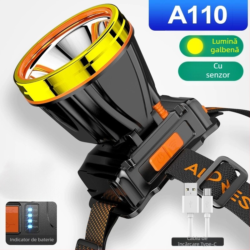 Lampa frontală LED pentru exterior – 10W, 2200mAh, alimentare manuală prin manivelă, rază 200–500 m