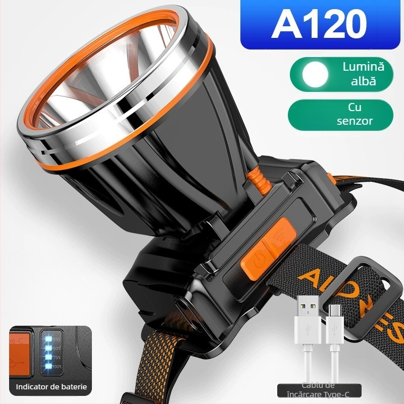 Lampa frontală LED pentru exterior – 10W, 2200mAh, alimentare manuală prin manivelă, rază 200–500 m