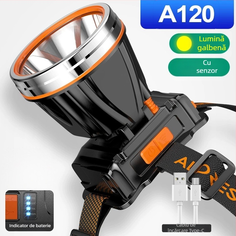 Lampa frontală LED pentru exterior – 10W, 2200mAh, alimentare manuală prin manivelă, rază 200–500 m