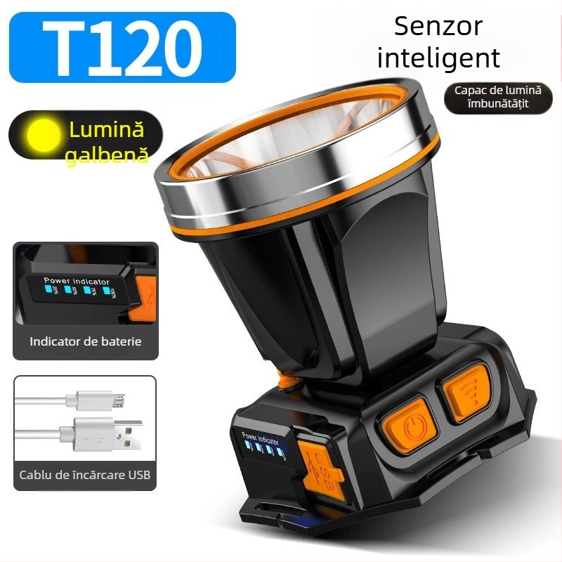 Lampa frontală LED pentru exterior – 10W, 2200mAh, alimentare manuală prin manivelă, rază 200–500 m