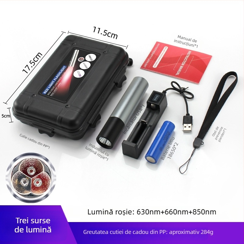 Lanternă LED portabilă cu IR 630/660/850 nm, 3xLED 1,5W, baterie 1800mAh, încărcător inclus, protecție la supraîncărcare