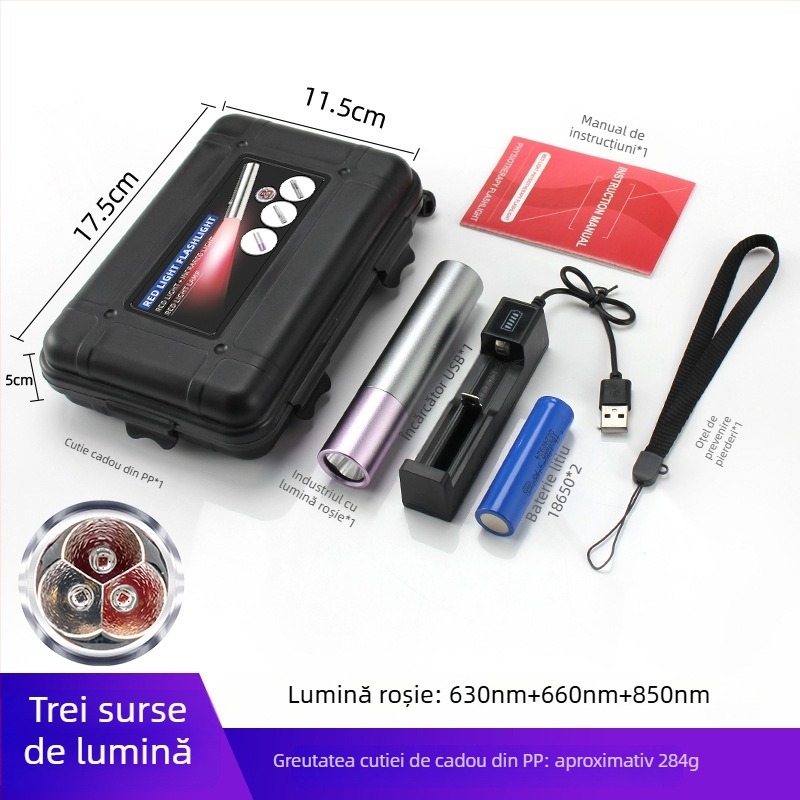Lanternă LED portabilă cu IR 630/660/850 nm, 3xLED 1,5W, baterie 1800mAh, încărcător inclus, protecție la supraîncărcare