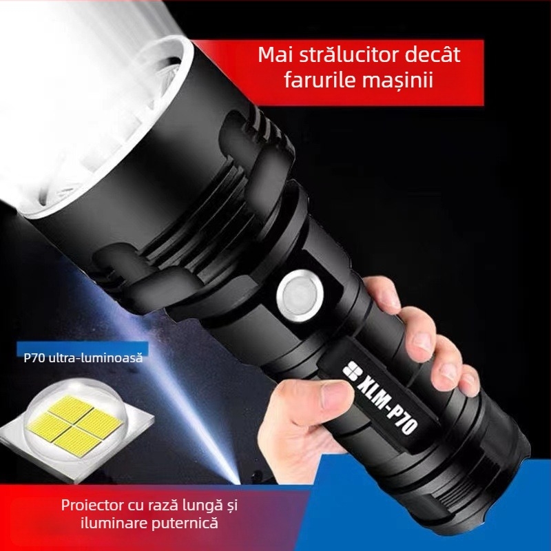 Lanternă LED P70 cu 50W, 6800mAh, rază de până la 500 m, aliaj de aluminiu, încărcare USB