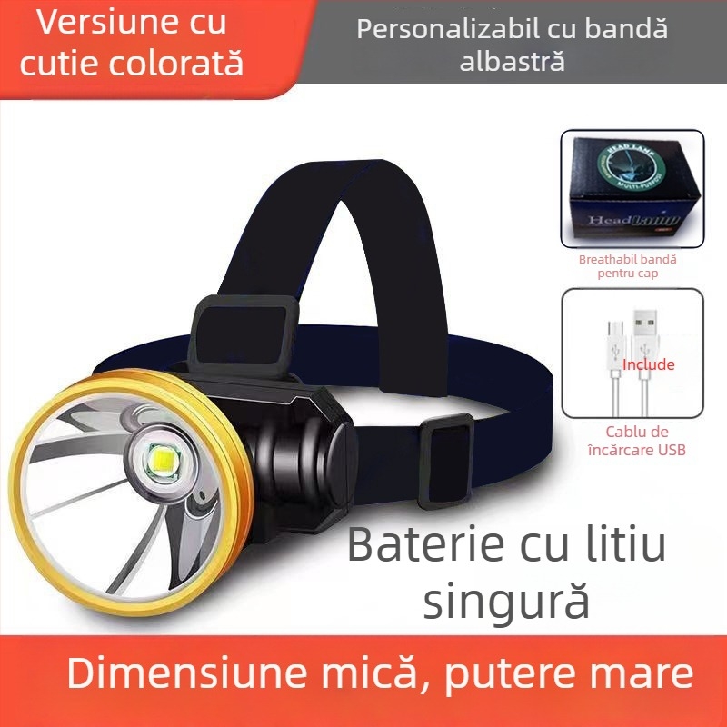 Lanternă frontală LED pentru pescuit nocturn — USB reîncărcabilă, capacitate baterie 800, putere 15, rotire la 360°, rază 100–200 m