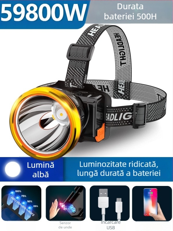 Frontala pentru pescuit de noapte, reîncărcabilă, baterie 1200mAh, LED 10W, corp din aliaj de aluminiu, rază 200–500 m
