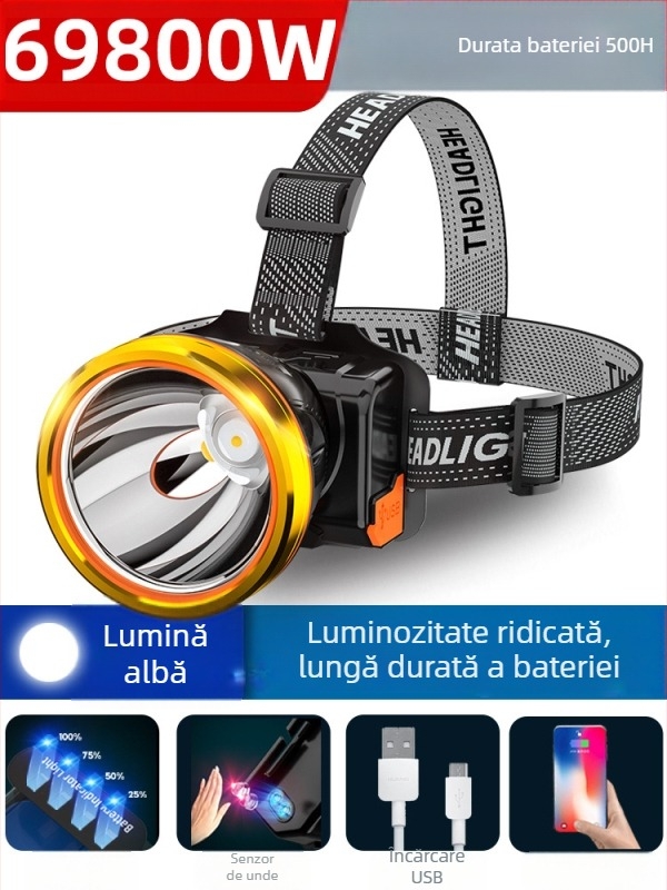 Frontala pentru pescuit de noapte, reîncărcabilă, baterie 1200mAh, LED 10W, corp din aliaj de aluminiu, rază 200–500 m