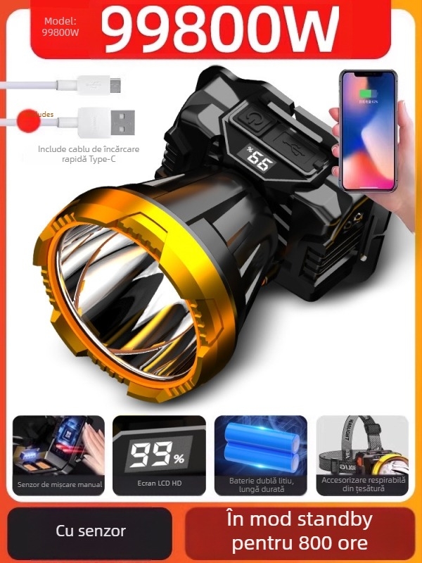 Frontala pentru pescuit de noapte, reîncărcabilă, baterie 1200mAh, LED 10W, corp din aliaj de aluminiu, rază 200–500 m