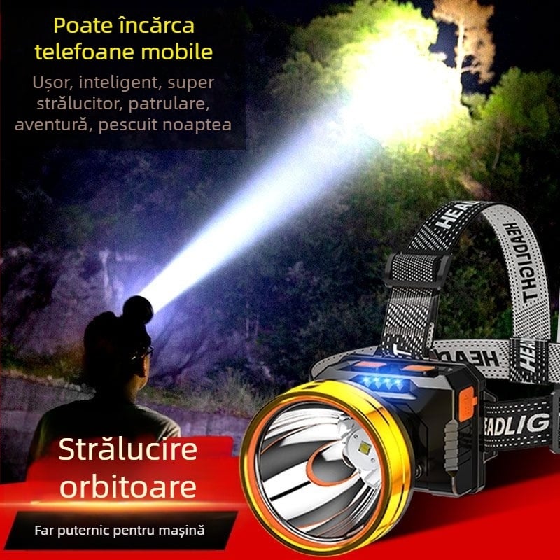 Frontala pentru pescuit de noapte, reîncărcabilă, baterie 1200mAh, LED 10W, corp din aliaj de aluminiu, rază 200–500 m
