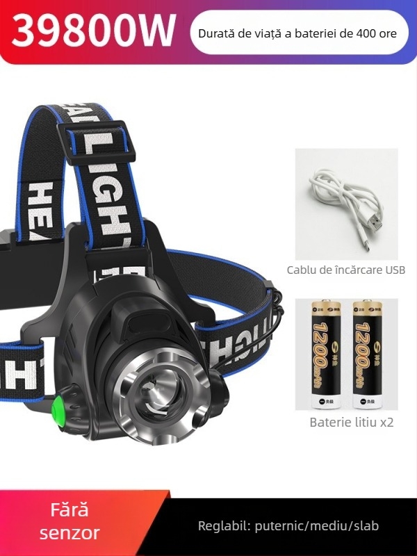 Lampa frontală pentru pescuit de noapte – LED de 10W, reîncărcabilă, alimentare prin manivelă, aliaj de aluminiu, rază 200–500 m