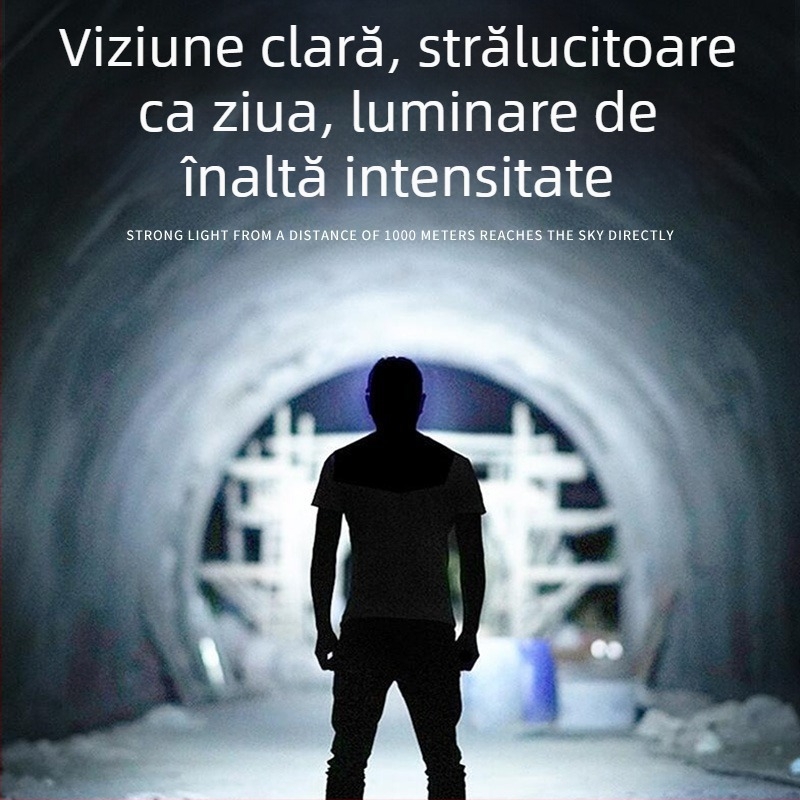 Lampa frontală pentru pescuit de noapte – LED de 10W, reîncărcabilă, alimentare prin manivelă, aliaj de aluminiu, rază 200–500 m