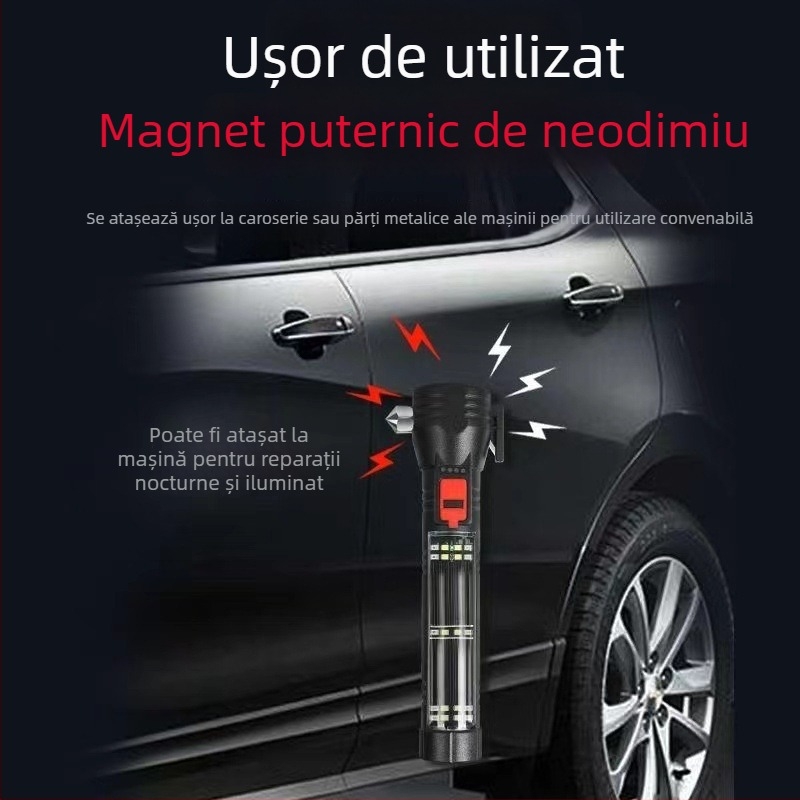 Lumină de urgență auto, multifuncțională, cu LED COB, încărcare solară, power bank și cioc de spart geamuri