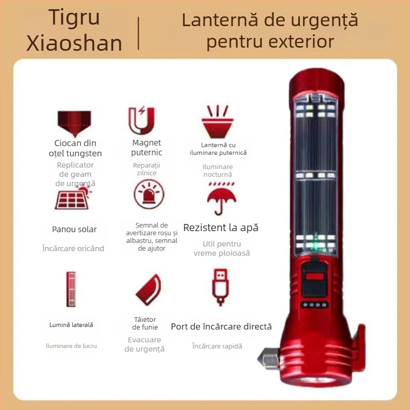 Lumină de urgență auto, multifuncțională, cu LED COB, încărcare solară, power bank și cioc de spart geamuri